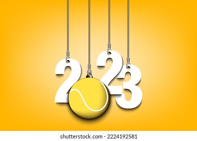 Numbers 2023 and tennis ball as a Christmas decorations are hanging on strings. New Year 2023 are hang on cords. Template design for greeting card. Vector illustration on isolated background