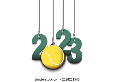Numbers 2023 and tennis ball as a Christmas decorations are hanging on strings. New Year 2023 are hang on cords. Template design for greeting card. Vector illustration on isolated background