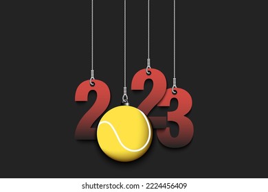 Numbers 2023 and tennis ball as a Christmas decorations are hanging on strings. New Year 2023 are hang on cords. Template design for greeting card. Vector illustration on isolated background