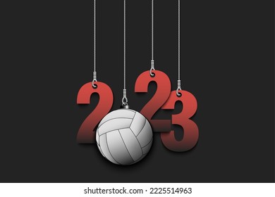 Numbers 2023 and volleyball ball as a Christmas decorations are hanging on strings. New Year 2023 are hang on cords. Template design for greeting card. Vector illustration on isolated background