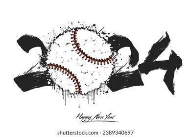 Numbers 2024 and a abstract baseball ball made of blots in grunge style. Design text logo Happy New Year 2024. Template for greeting card, banner, poster. Vector illustration on isolated background