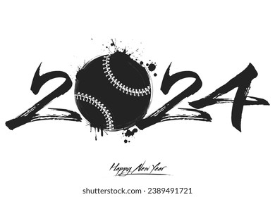 Numbers 2024 and a abstract baseball ball made of blots in grunge style. Design text logo Happy New Year 2024. Template for greeting card, banner, poster. Vector illustration on isolated background