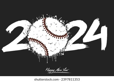 Numbers 2024 and a abstract baseball ball made of blots in grunge style. Design text logo Happy New Year 2024. Template for greeting card, banner, poster. Vector illustration on isolated background