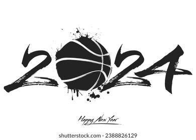 Numbers 2024 and a abstract basketball ball made of blots in grunge style. Design text logo Happy New Year 2024. Template for greeting card, banner, poster. Vector illustration on isolated background