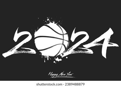 Numbers 2024 and a abstract basketball ball made of blots in grunge style. Design text logo Happy New Year 2024. Template for greeting card, banner, poster. Vector illustration on isolated background