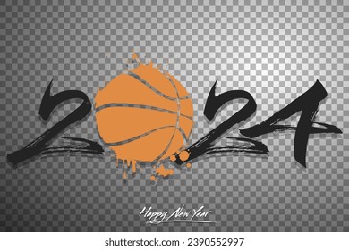 Numbers 2024 and a abstract basketball ball made of blots in grunge style. Design text logo Happy New Year 2024. Template for greeting card, banner, poster. Vector illustration on isolated background