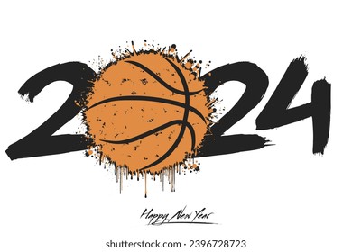 Numbers 2024 and a abstract basketball ball made of blots in grunge style. Design text logo Happy New Year 2024. Template for greeting card, banner, poster. Vector illustration on isolated background