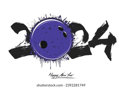 Numbers 2024 and a abstract bowling ball made of blots in grunge style. Design text logo Happy New Year 2024. Template for greeting card, banner, poster. Vector illustration on isolated background