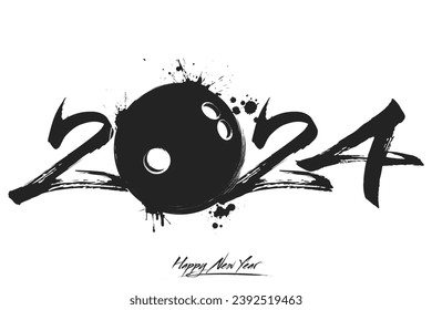 Numbers 2024 and a abstract bowling ball made of blots in grunge style. Design text logo Happy New Year 2024. Template for greeting card, banner, poster. Vector illustration on isolated background