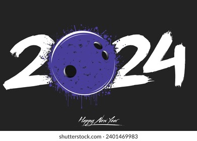 Numbers 2024 and a abstract bowling ball made of blots in grunge style. Design text logo Happy New Year 2024. Template for greeting card, banner, poster. Vector illustration on isolated background