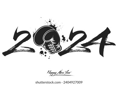 Numbers 2024 and a abstract boxing glove made of blots in grunge style. Design text logo Happy New Year 2024. Template for greeting card, banner, poster. Vector illustration on isolated background