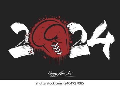 Numbers 2024 and a abstract boxing glove made of blots in grunge style. Design text logo Happy New Year 2024. Template for greeting card, banner, poster. Vector illustration on isolated background