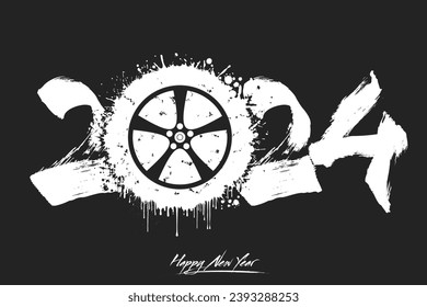 Numbers 2024 and a abstract car wheel made of blots in grunge style. Design text logo Happy New Year 2024. Template for greeting card, banner, poster. Vector illustration on isolated background