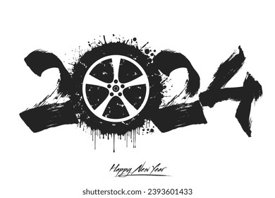 Numbers 2024 and a abstract car wheel made of blots in grunge style. Design text logo Happy New Year 2024. Template for greeting card, banner, poster. Vector illustration on isolated background