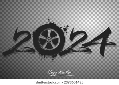 Números 2024 y una rueda de coche abstracta hecha de manchas en estilo grunge. Logo de texto de diseño Feliz Año Nuevo 2024. Plantilla para tarjeta de saludo, banner, afiche. Ilustración del vector en el fondo aislado