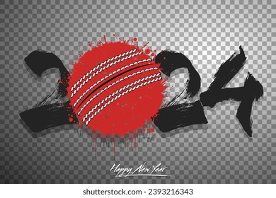 Numbers 2024 and a abstract cricket ball made of blots in grunge style. Design text logo Happy New Year 2024. Template for greeting card, banner, poster. Vector illustration on isolated background