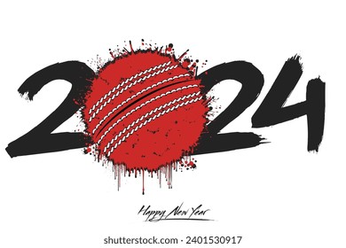 Numbers 2024 and a abstract cricket ball made of blots in grunge style. Design text logo Happy New Year 2024. Template for greeting card, banner, poster. Vector illustration on isolated background