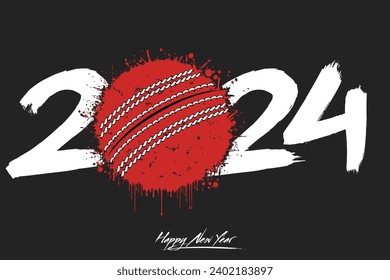 Numbers 2024 and a abstract cricket ball made of blots in grunge style. Design text logo Happy New Year 2024. Template for greeting card, banner, poster. Vector illustration on isolated background