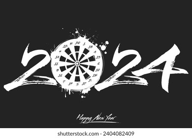 Numbers 2024 and a abstract dartboard made of blots in grunge style. Design text logo Happy New Year 2024. Template for greeting card, banner, poster. Vector illustration on isolated background
