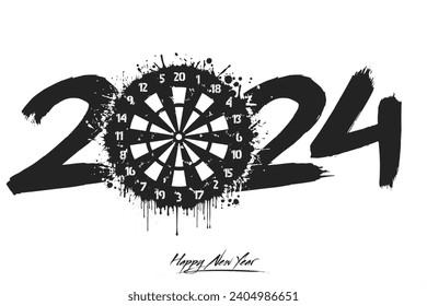 Numbers 2024 and a abstract dartboard made of blots in grunge style. Design text logo Happy New Year 2024. Template for greeting card, banner, poster. Vector illustration on isolated background