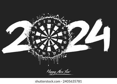 Numbers 2024 and a abstract dartboard made of blots in grunge style. Design text logo Happy New Year 2024. Template for greeting card, banner, poster. Vector illustration on isolated background
