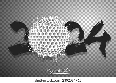 Números 2024 y una bola de golf abstracta hecha de manchas de estilo grunge. Logo de texto de diseño Feliz Año Nuevo 2024. Plantilla para tarjeta de saludo, banner, afiche. Ilustración del vector en el fondo aislado
