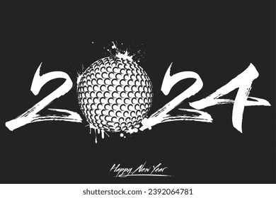 Numbers 2024 and a abstract golf ball made of blots in grunge style. Design text logo Happy New Year 2024. Template for greeting card, banner, poster. Vector illustration on isolated background