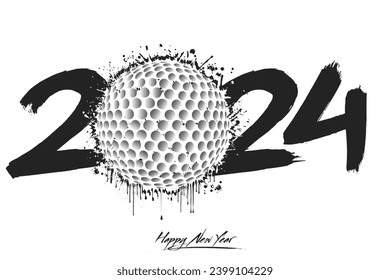 Numbers 2024 and a abstract golf ball made of blots in grunge style. Design text logo Happy New Year 2024. Template for greeting card, banner, poster. Vector illustration on isolated background