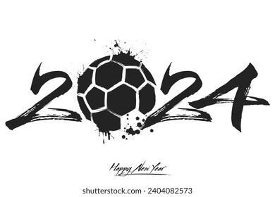 Numbers 2024 and a abstract handball ball made of blots in grunge style. Design text logo Happy New Year 2024. Template for greeting card, banner, poster. Vector illustration on isolated background