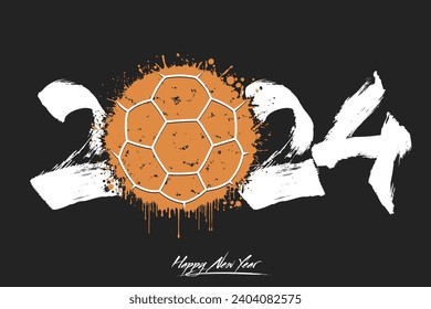 Numbers 2024 and a abstract handball ball made of blots in grunge style. Design text logo Happy New Year 2024. Template for greeting card, banner, poster. Vector illustration on isolated background