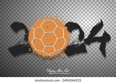 Numbers 2024 and a abstract handball ball made of blots in grunge style. Design text logo Happy New Year 2024. Template for greeting card, banner, poster. Vector illustration on isolated background