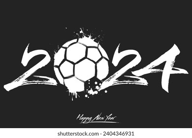 Numbers 2024 and a abstract handball ball made of blots in grunge style. Design text logo Happy New Year 2024. Template for greeting card, banner, poster. Vector illustration on isolated background