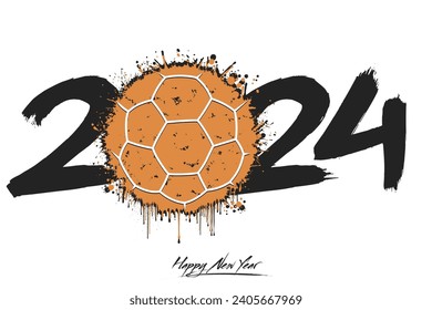 Numbers 2024 and a abstract handball ball made of blots in grunge style. Design text logo Happy New Year 2024. Template for greeting card, banner, poster. Vector illustration on isolated background