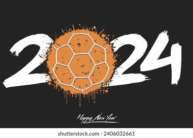 Numbers 2024 and a abstract handball ball made of blots in grunge style. Design text logo Happy New Year 2024. Template for greeting card, banner, poster. Vector illustration on isolated background