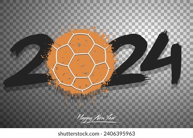 Numbers 2024 and a abstract handball ball made of blots in grunge style. Design text logo Happy New Year 2024. Template for greeting card, banner, poster. Vector illustration on isolated background