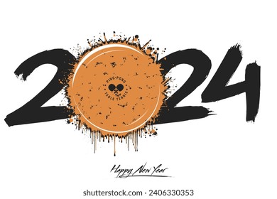 Numbers 2024 and a abstract ping-pong ball made of blots in grunge style. Design text logo Happy New Year 2024. Template for greeting card, banner, poster. Vector illustration on isolated background