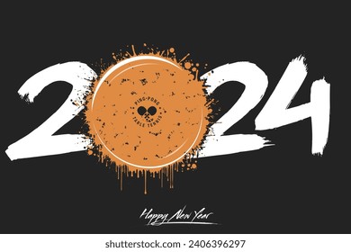 Numbers 2024 and a abstract ping-pong ball made of blots in grunge style. Design text logo Happy New Year 2024. Template for greeting card, banner, poster. Vector illustration on isolated background