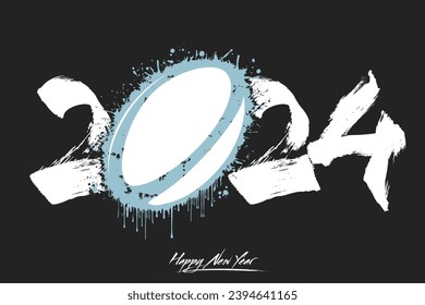 Numbers 2024 and a abstract rugby ball made of blots in grunge style. Design text logo Happy New Year 2024. Template for greeting card, banner, poster. Vector illustration on isolated background