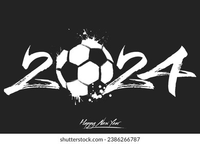 Numbers 2024 and a abstract soccer ball made of blots in grunge style. Design text logo Happy New Year 2024. Template for greeting card, banner, poster. Vector illustration on isolated background