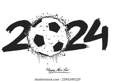 Numbers 2024 and a abstract soccer ball made of blots in grunge style. Design text logo Happy New Year 2024. Template for greeting card, banner, poster. Vector illustration on isolated background