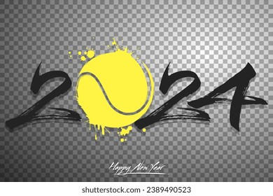 Numbers 2024 and a abstract tennis ball made of blots in grunge style. Design text logo Happy New Year 2024. Template for greeting card, banner, poster. Vector illustration on isolated background