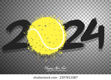 Numbers 2024 and a abstract tennis ball made of blots in grunge style. Design text logo Happy New Year 2024. Template for greeting card, banner, poster. Vector illustration on isolated background