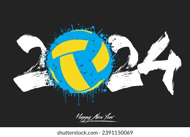 Numbers 2024 and a abstract volleyball ball made of blots in grunge style. Design text logo Happy New Year 2024. Template for greeting card, banner, poster. Vector illustration on isolated background