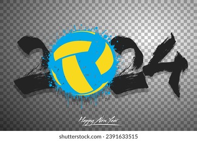Numbers 2024 and a abstract volleyball ball made of blots in grunge style. Design text logo Happy New Year 2024. Template for greeting card, banner, poster. Vector illustration on isolated background