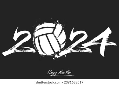 Numbers 2024 and a abstract volleyball ball made of blots in grunge style. Design text logo Happy New Year 2024. Template for greeting card, banner, poster. Vector illustration on isolated background