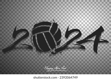 Numbers 2024 and a abstract volleyball ball made of blots in grunge style. Design text logo Happy New Year 2024. Template for greeting card, banner, poster. Vector illustration on isolated background