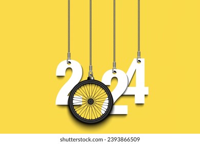 Numbers 2024 and bike wheel as a Christmas decorations are hanging on strings. New Year 2024 are hang on cords. Template design for greeting card. Vector illustration on isolated background