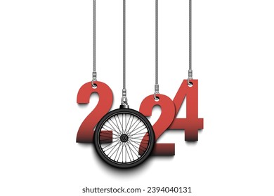 Numbers 2024 and bike wheel as a Christmas decorations are hanging on strings. New Year 2024 are hang on cords. Template design for greeting card. Vector illustration on isolated background