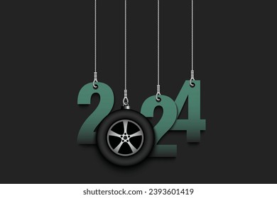 Numbers 2024 and car wheel as a Christmas decorations are hanging on strings. New Year 2024 are hang on cords. Template design for greeting card. Vector illustration on isolated background