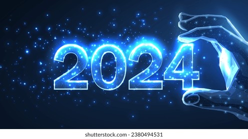 Numbers 2024 in digital hand. New year blue background. Low poly style. Web banner template. Calendar season 2024. Abstract wireframe vector illustration. Happy new year 2024 celebration.